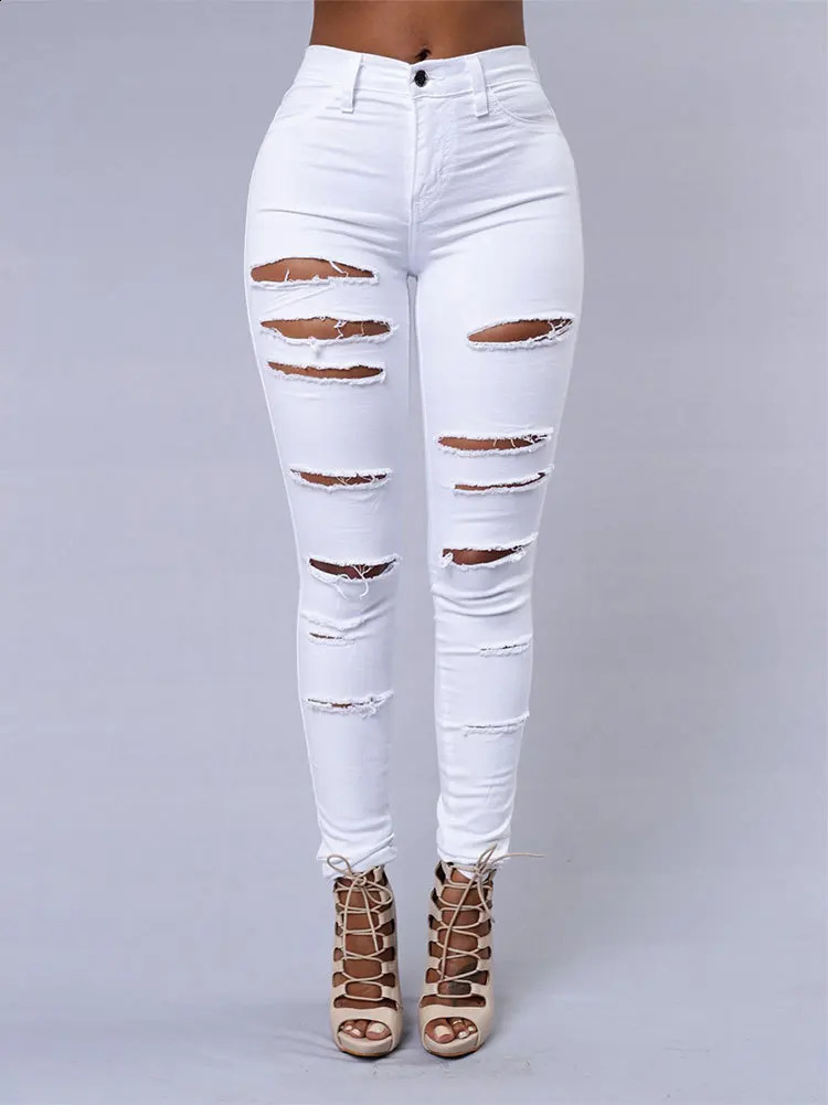 Spring Summer Elastic Trousers Black and White Ripped Jeans Fashion Sexy Skinny Denim Pencil Pants S-3XL Drop 250225
