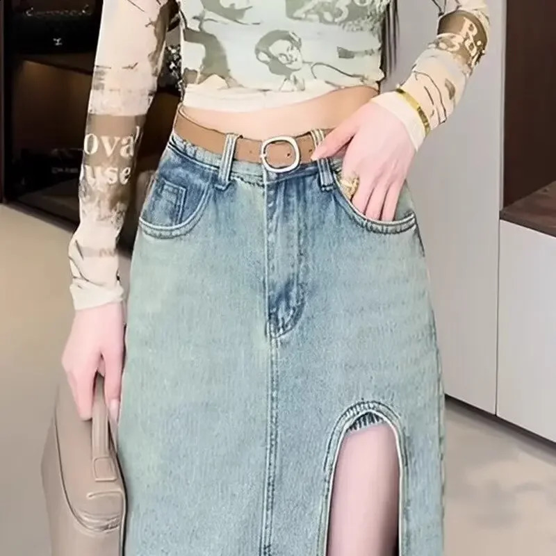 Plus Size Hong Kong Style Spicy Jeans Side Slit Skirt Medium Length Anti-Exposure A- Line Long Dress Plus Size Half Skirt 250224