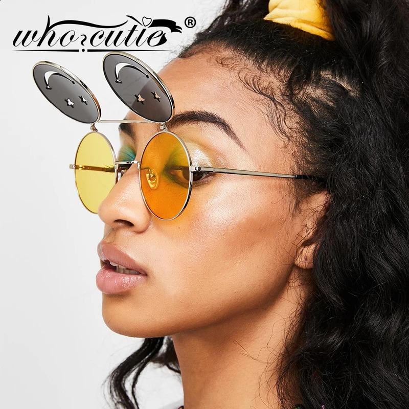 WHO CUTIE Round Flip Up Sunglasses Women Men Vintage Retro Steampunk Metal Frame Red Yellow Clip On Funny Sun Glasses OM486 250221
