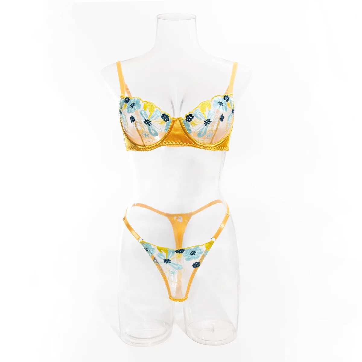 Sexy Thin Floral Embroidered Mesh Underwear Women Spliced Color Perspective Two Piece Set Solid Hollow Out Sensual Porn CostumesXJ250301