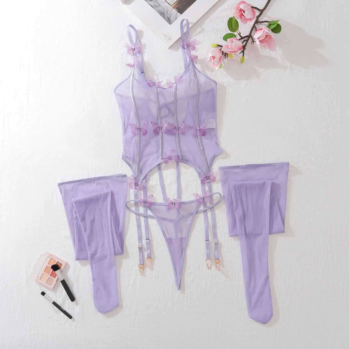 MUZISKAT Spring/Summer New Bow Slimming Perspective Net Couple Set Womens Underwear 3-Piece SetXJ250301