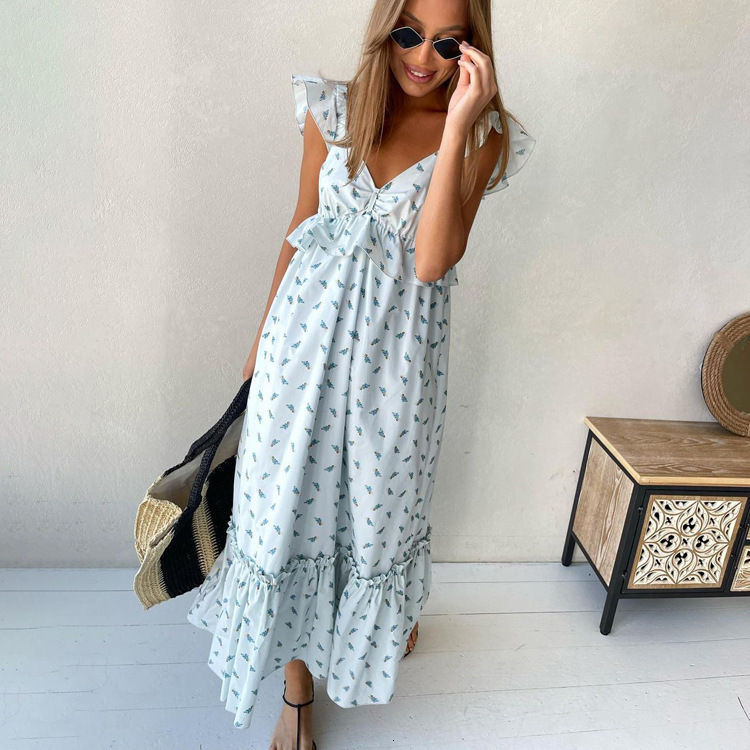 Women's New3 Summer New Ruffle Print Casual Fashion V-Neck Open Back Long Dress