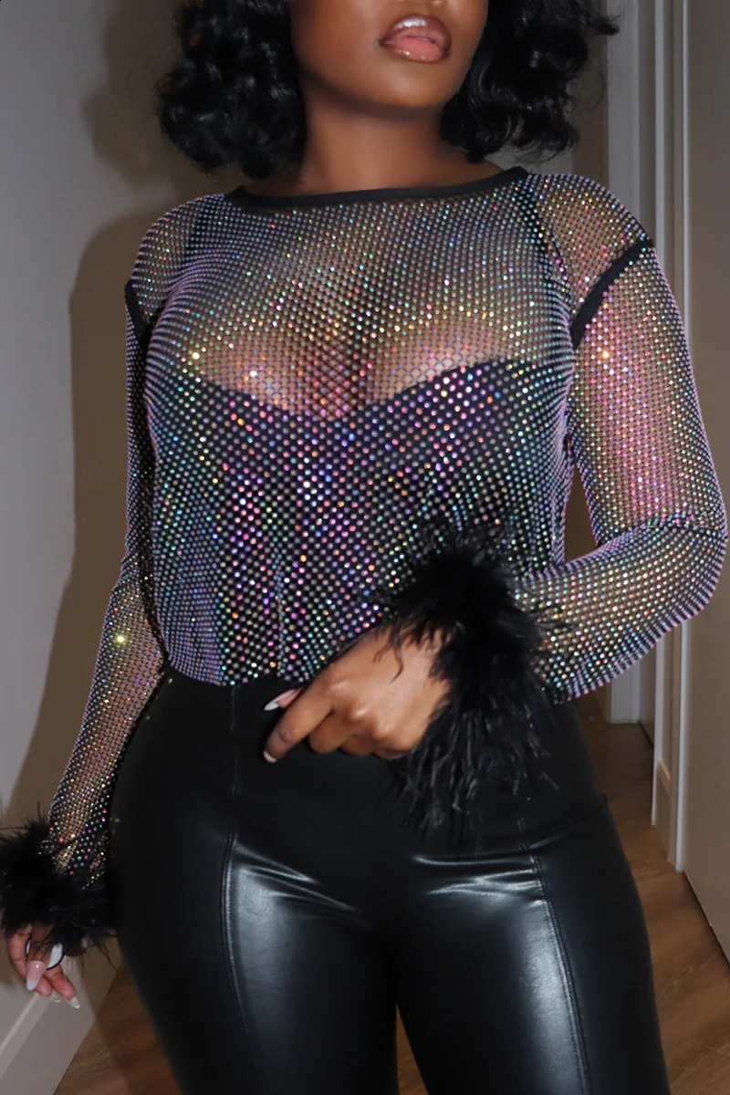 Women's Plus Size Mesh T shirt Feather Sleeve Sexy Sequin Cropped Top Transparent Long Sleeve Streetwear Autumn Fashion t shirts 250226