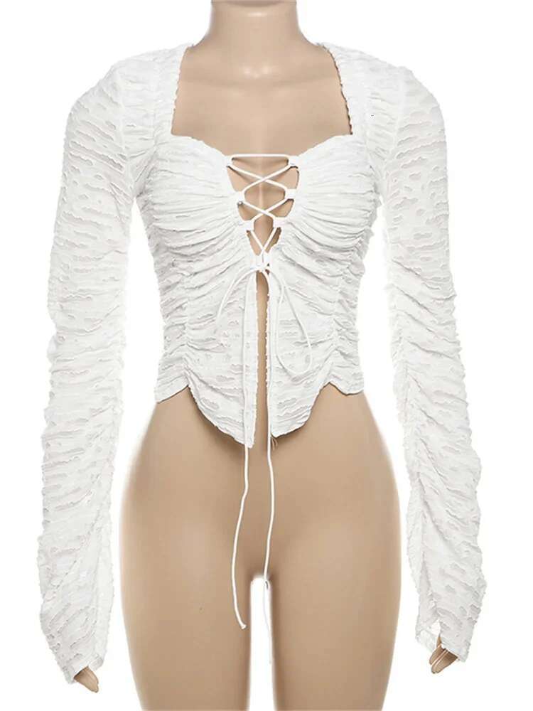 Tossy Autumn Fashion Ruffled T-shirt Cropped Top Female Hollow Out Lace-Up Patchwork Loose Outwear White Women Bandage Tee Coat