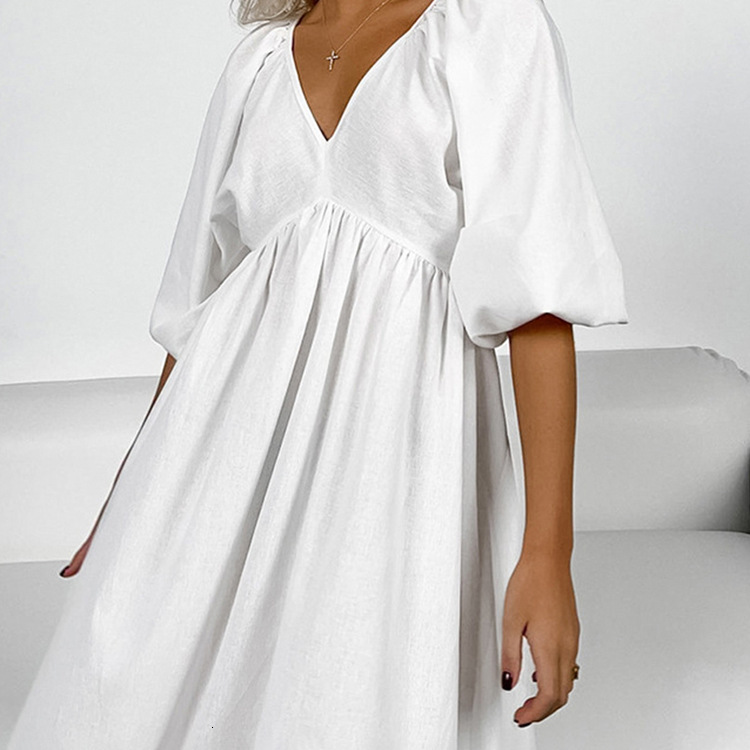 New4 Early Autumn Fashion New Cotton Solid Color Long Skirt V-Neck Five Quarter Sleeve Hollow Out Backless Casual Dress