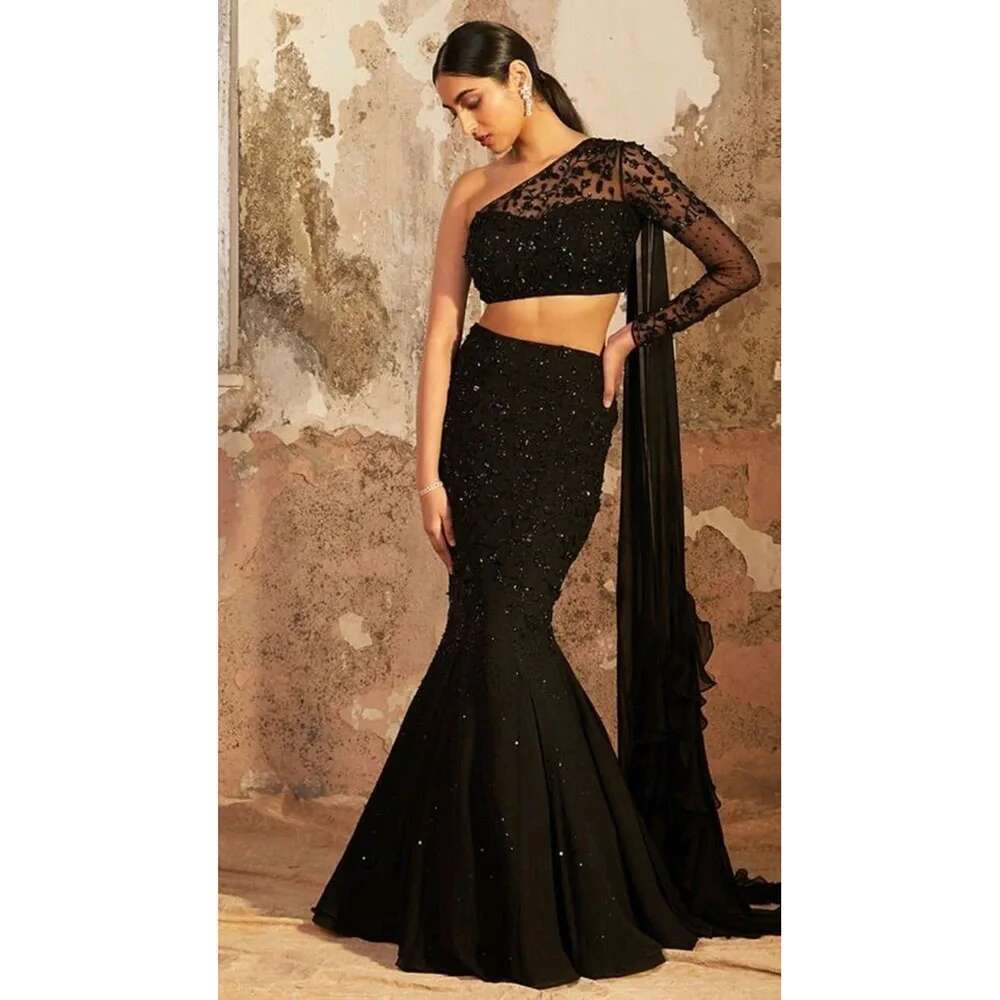 Exquisite black female prom one shoulder sexy thin sleeve uste trumpet cut bright illusion elegant evening party dresses