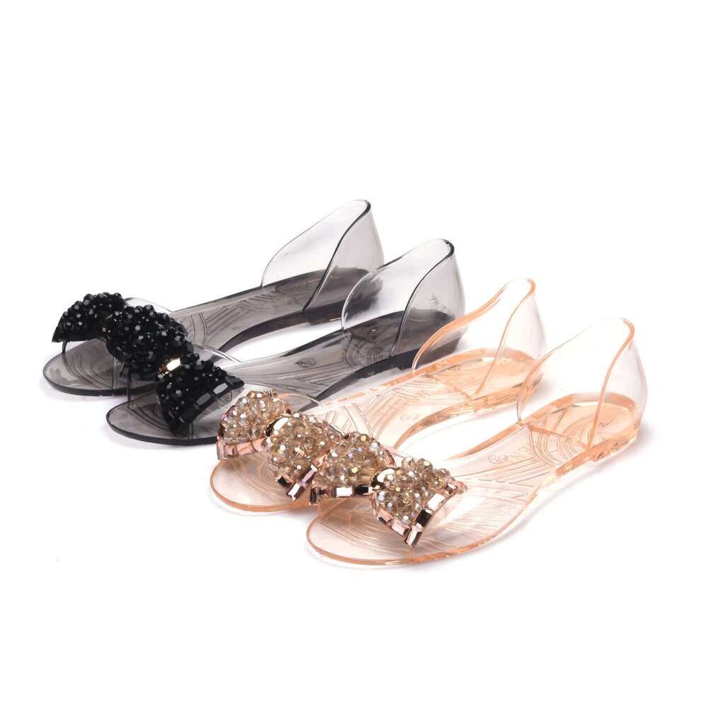 New PVC Women's Transparent Sandals Summer Flat Jelly Glass Dia Bow Fashion Plastic Fish Mouth Shoes