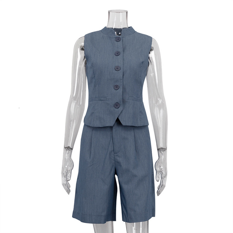 Fashionable Versatile Women's Two-Piece Summer Collection, Unisex And Minimalist Style, Blue Sleeveless Vest Suit