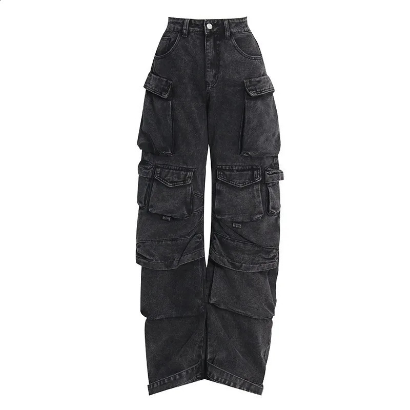 Street Trendy Womens American Black Grey Multi Pocket Denim Workwear 250224
