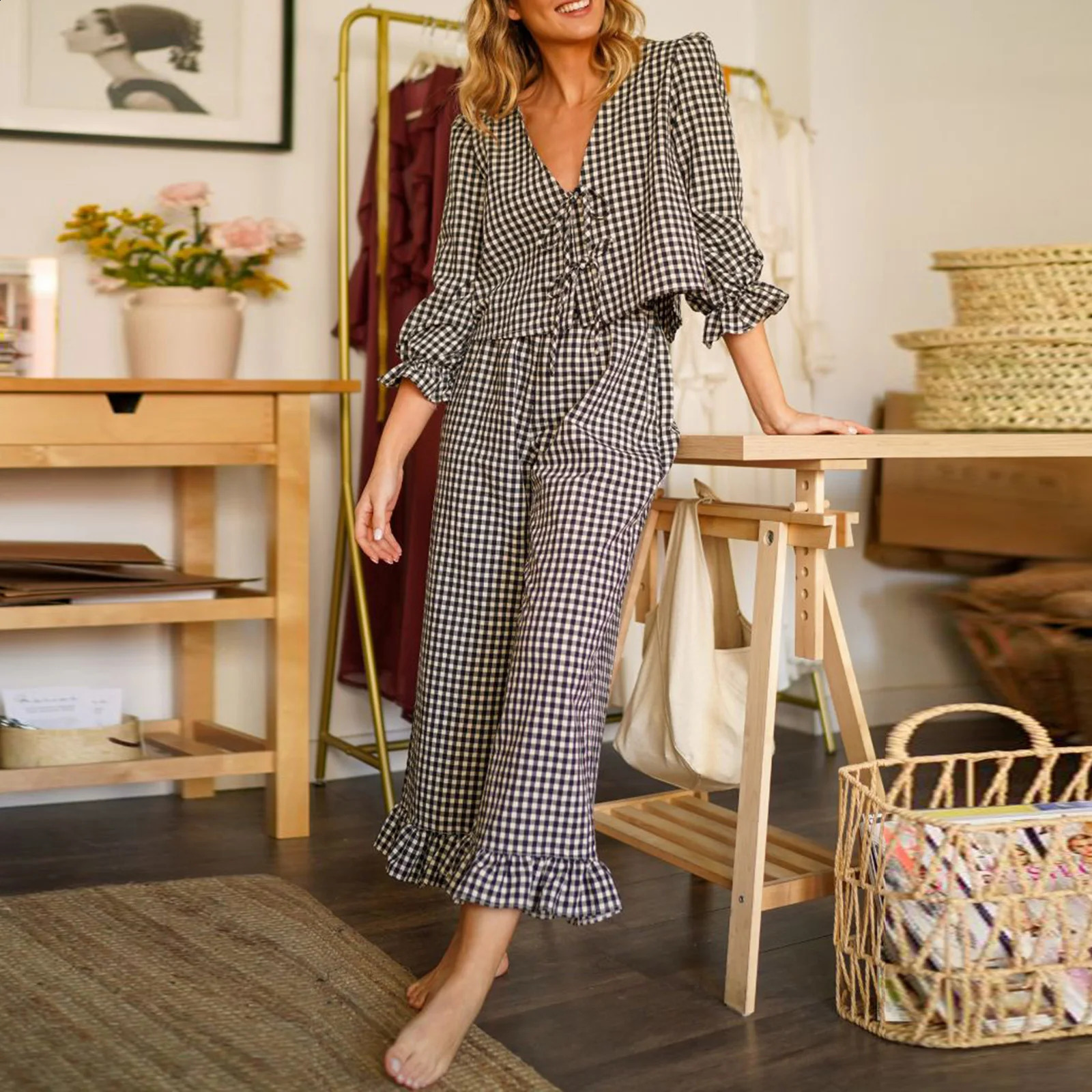 Combhasaki Women 2Piece Plaid Loungewear Outfits Ruffled Hem Set V-Neck Bow Tie-up Front Loose Cropped Tops Elastic Waist Pants 250225