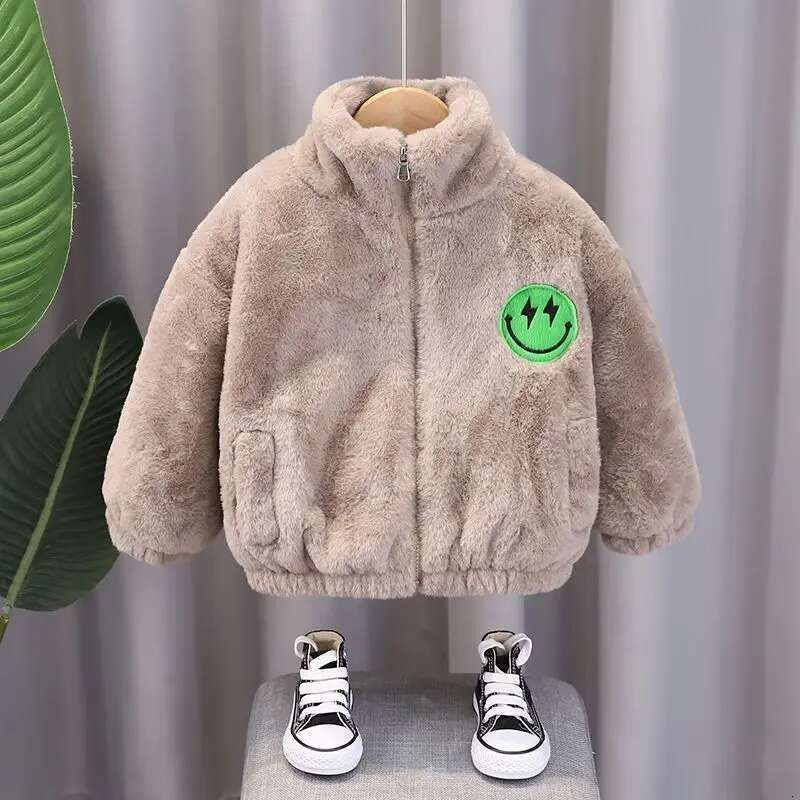Ddmyshoesvip Winter Kids Fleece Jacket Baby Boys Girls Cashmere Thicken Baseball Clothes Children Plush Warm Smile Pattern Cardigan Teen Coat