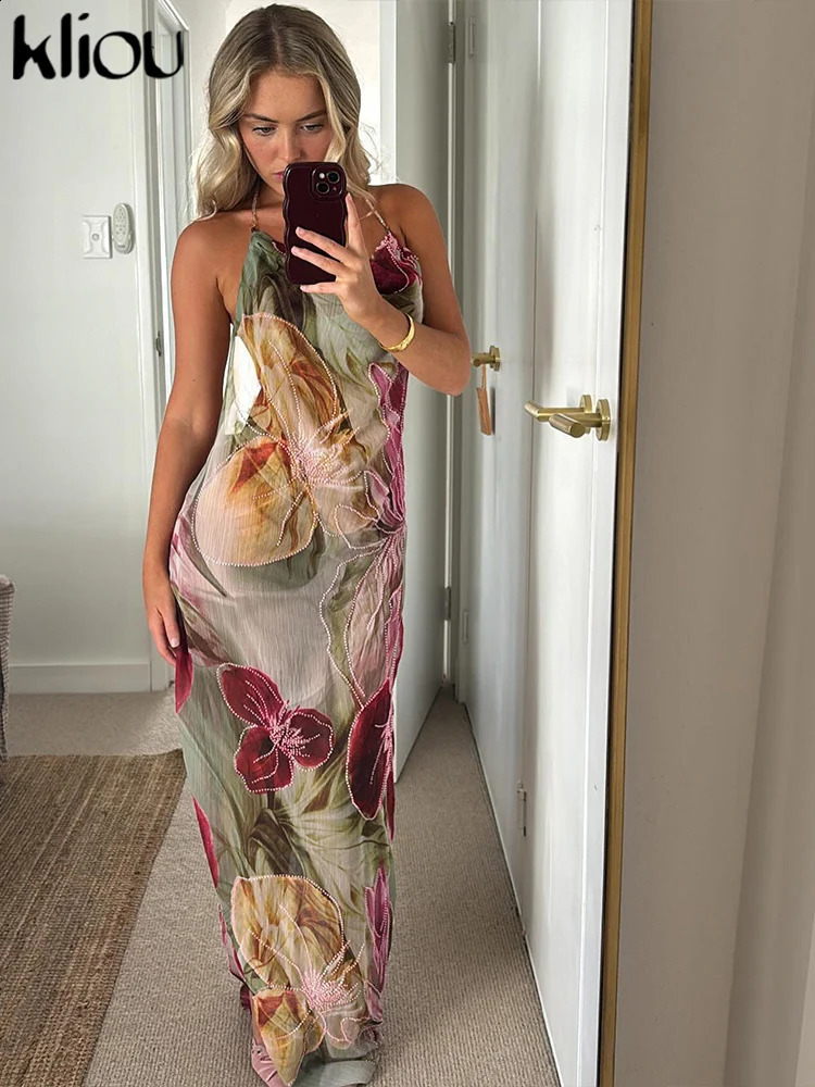 kliou Floral Print Women Dress Vacation Beach Style Suspendency Backless Halter Split Thin Vestidos Female Trend Attractive Wear 250224