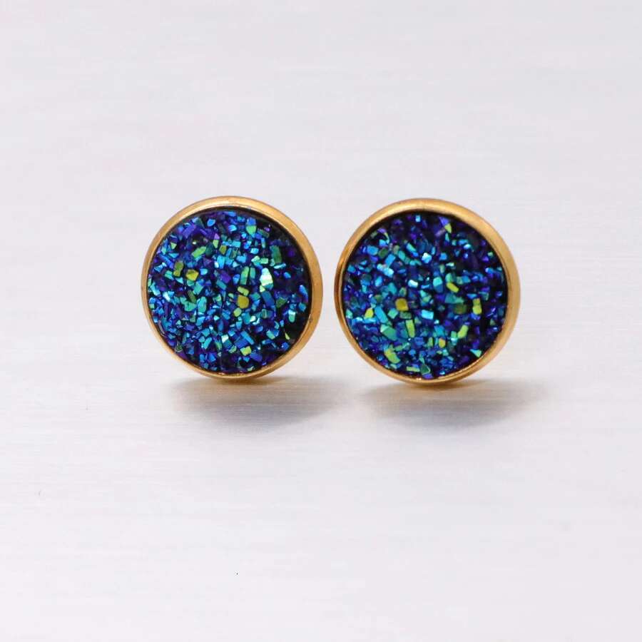 6pair/lot Glitter Round Stud Gold Color Stainless Steel Jewelry for Women Colorful Resin Druzy Drusy Ear Studs Earrings