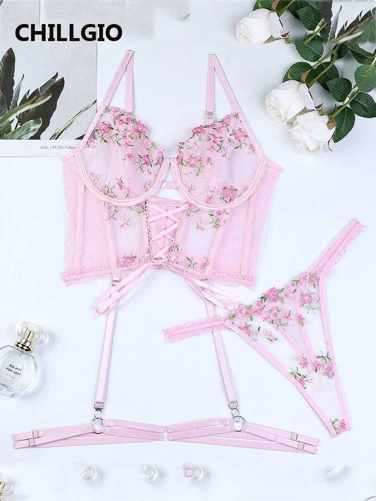 CHILLGIO Women Floral Embroidery Bra Brief Suits Mesh Lingerie Sexy Push Up Intimate 3 Pieces Lace-Up Sweet Cute Underwear SetsXJ250301