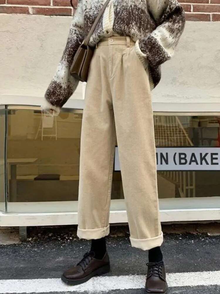 Vintage Corduroy High Waist Spring Straight Trousers Causal Pockets All Match Female Black Korean Pants