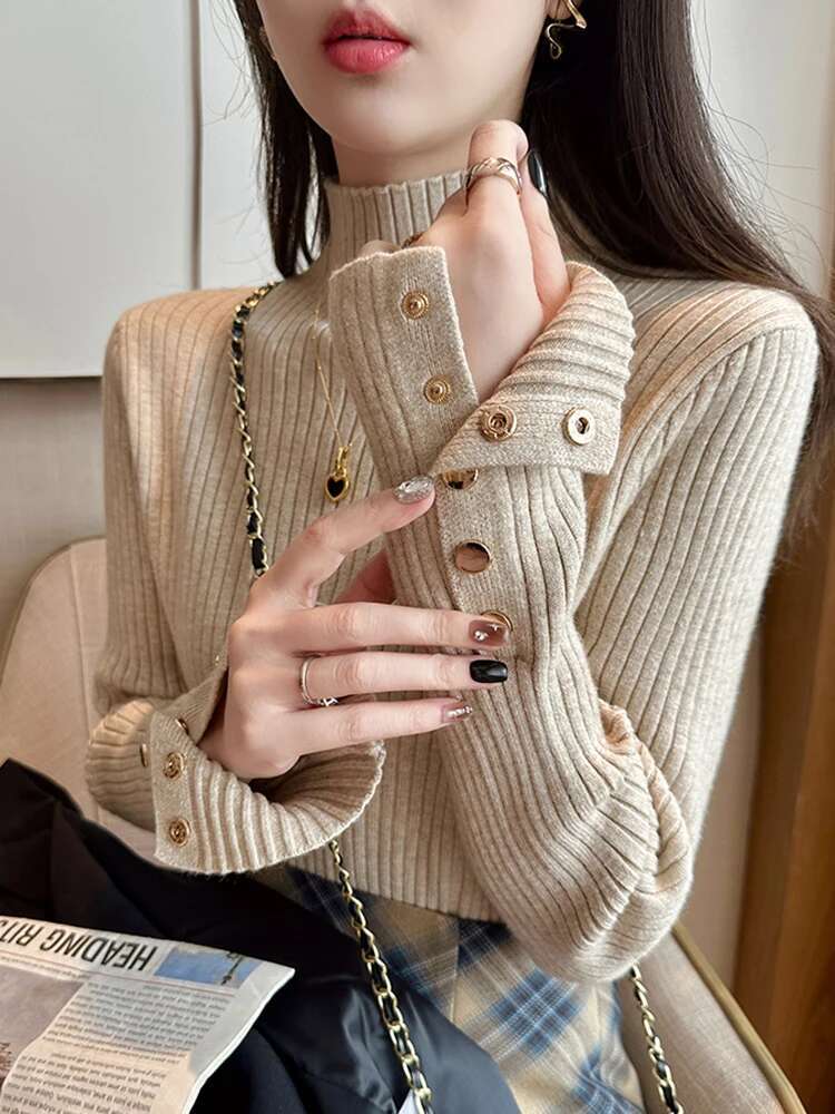 women thick pullovers thic casual autumn winter button o-neck chic sweater female slim knit top soft jumper tops