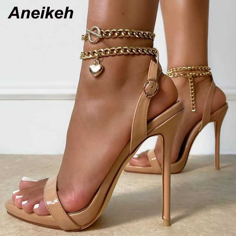 Aneikeh Sexy PU Shallow High Heel Sandals Wen Hot Summer 2025 New NEW Pointed Toe Metal Chain Shoes Fashion Buckle Strap Party Sewing Z250301
