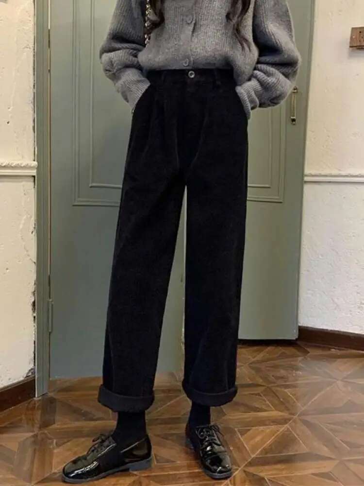 Vintage Corduroy High Waist Spring Straight Trousers Causal Pockets All Match Female Black Korean Pants