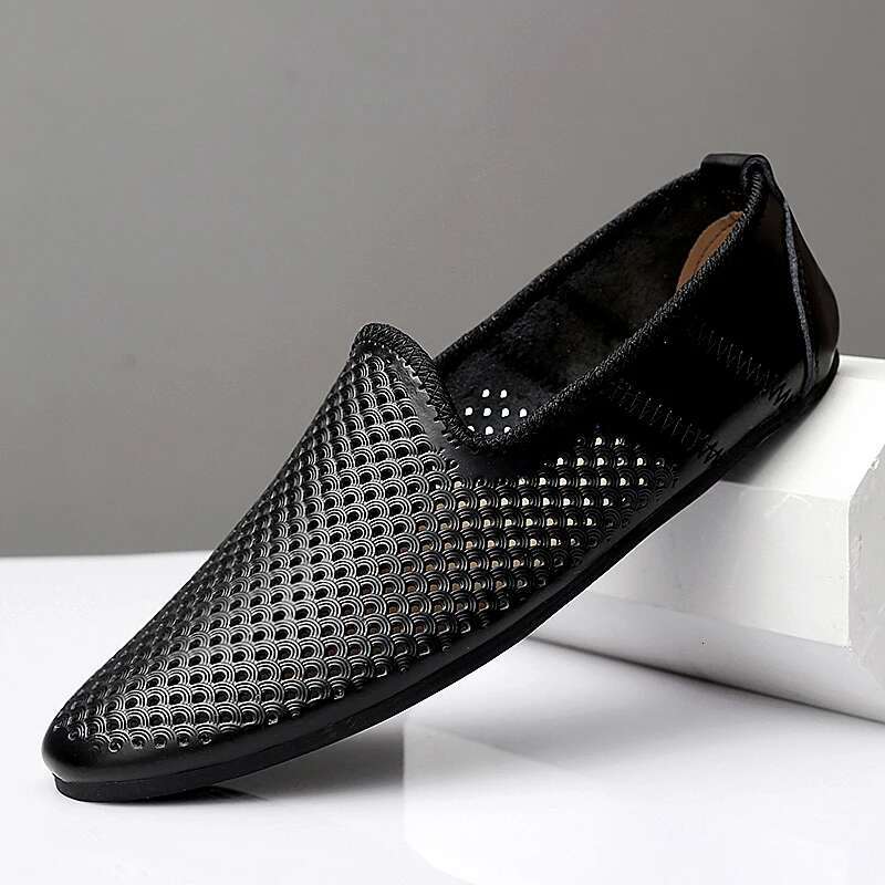 Italian Men Casual Brand Summer Mens Loafers Genuine Leather Moccasins Hollow Out Breathable Slip On Driving Shoes