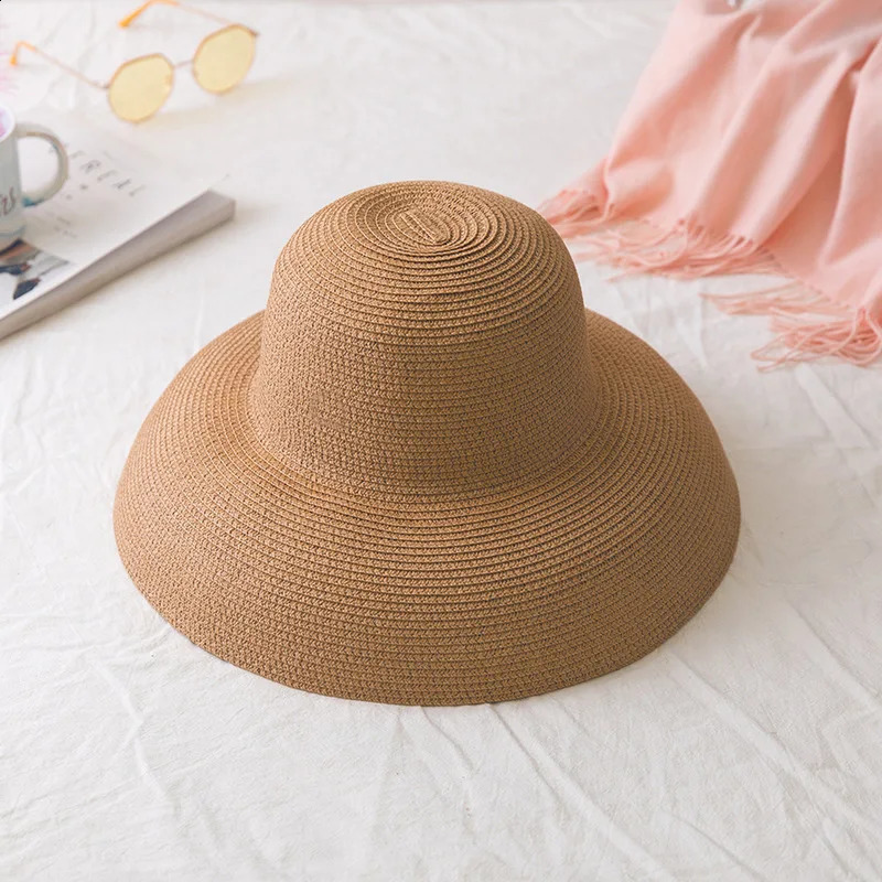 Female Summer womens hat Hepburn Style Vintage n Wide side Straw Hat Solid Color Beach Holiday Beach Hat Big Sun Hat 250227