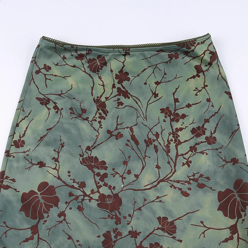 SUCHCUTE y2k Vintage Floral Printing Midi Skirts Women Harajuku Fairycore Green Straight Maxi Skirt Aesthetic Sweet Clothes 250224