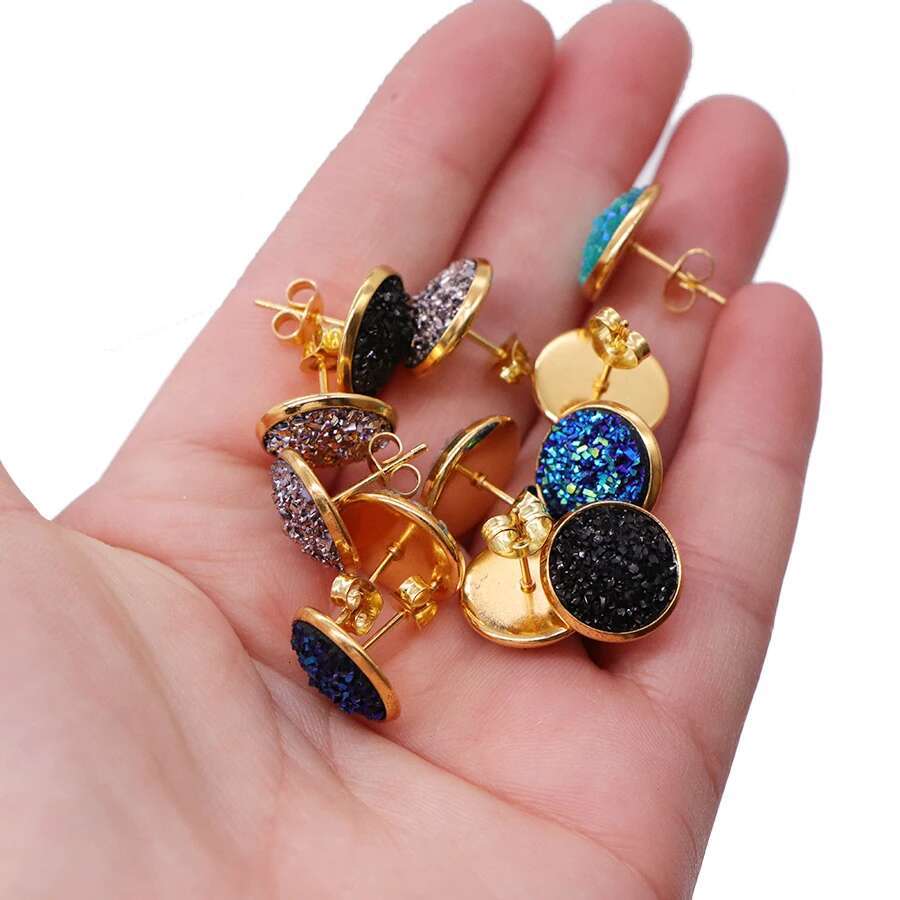 6pair/lot Glitter Round Stud Gold Color Stainless Steel Jewelry for Women Colorful Resin Druzy Drusy Ear Studs Earrings
