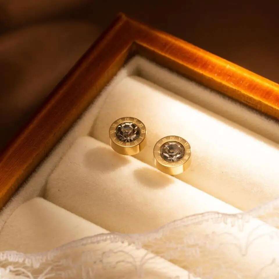 UILZ Roman Numerals Delicate Rhie Decor Stud Earrings For Women Classic Simple Shiny Crystal Daily Jewellery Gift