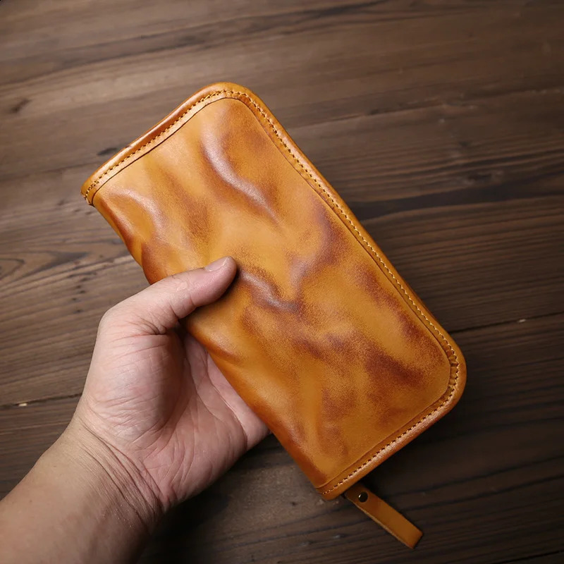 Genuine Leather Long Zipper Wallet Mens Vegetable Tanned Leather Vintage Multi-card Simple Clutch 250228