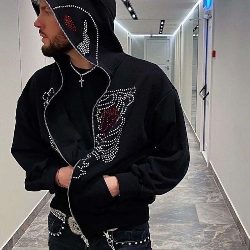 Y2k rhinestone printed loose zipper for women, thick and warm Harajuku jacket, street photography Korean version hoodie