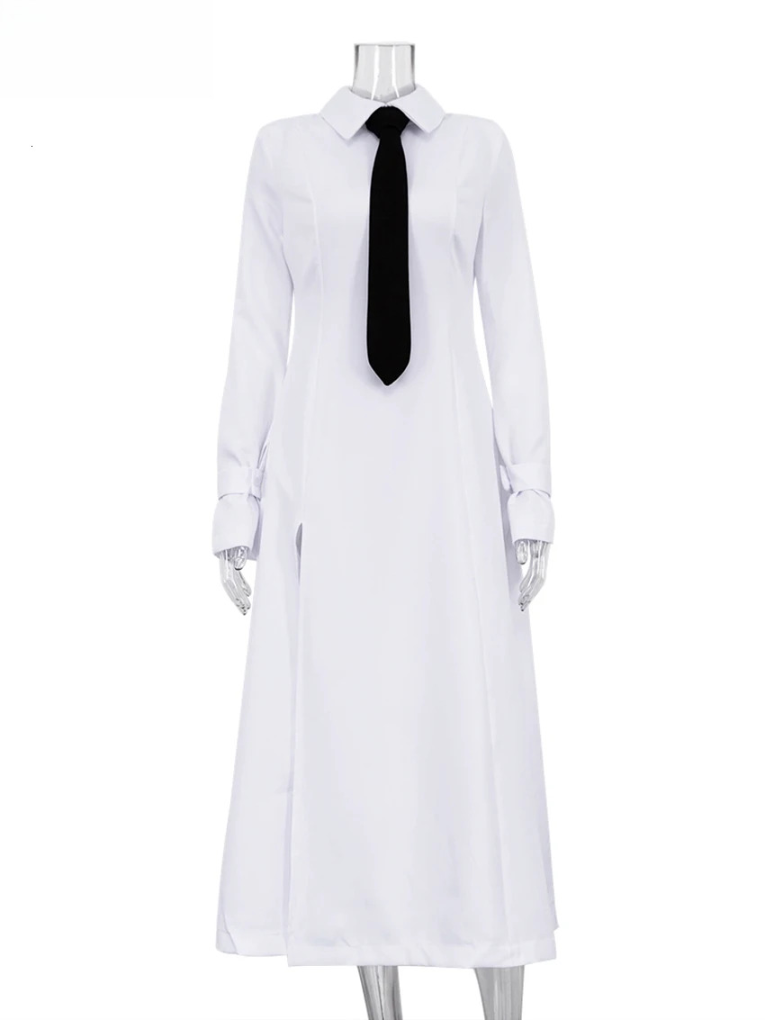 Clacive Fashion Slim White Office Casual Lapel Long Sleeve Ankle Length Dress Elegant Classic Slit Dresses For Women 2024