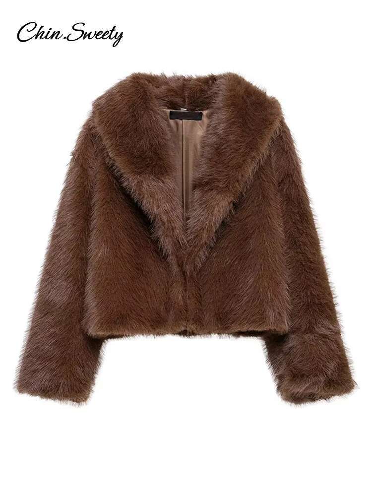 Brown Lapel Faux Fur Short Coat Women Fluffy Long Sleeve Warm Thick Loose Jacket 2024 Autumn Winter Lady High Street Outwear