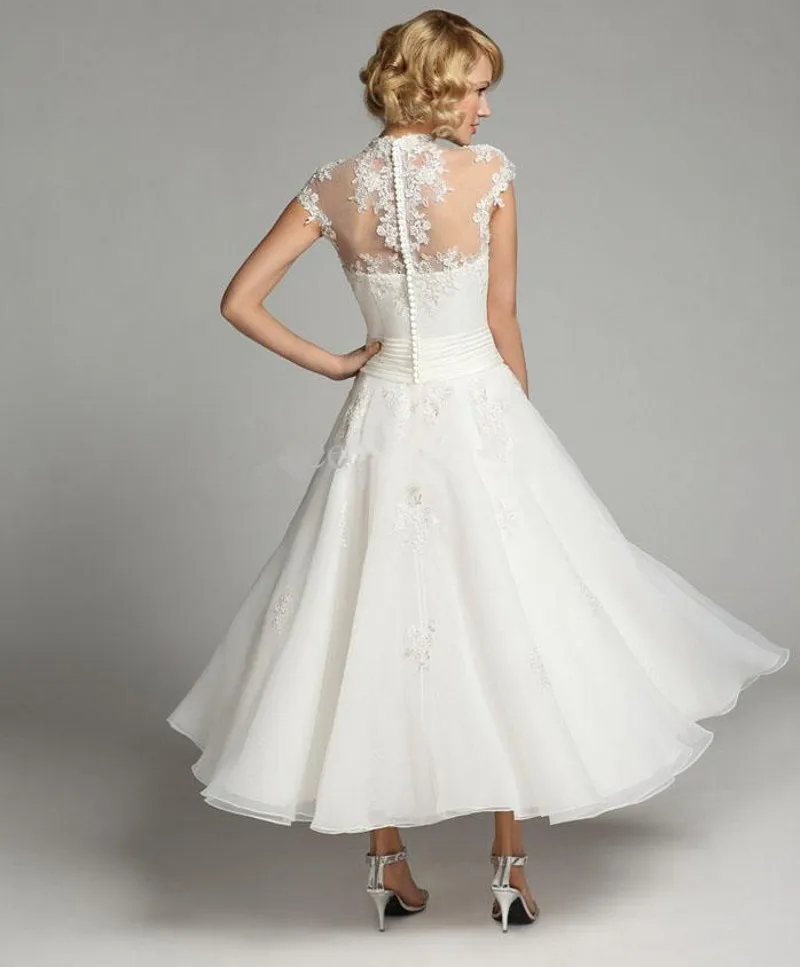 1950s Vintage Ankle Length A-Line Wedding Dresses Cap Sleeve Beads Sequins Lace Appliques Organza Garden Bridal Gowns Custom Made