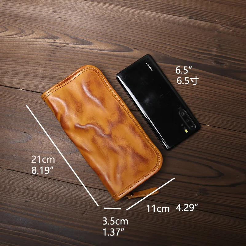 Genuine Leather Long Zipper Wallet Mens Vegetable Tanned Leather Vintage Multi-card Simple Clutch 250228