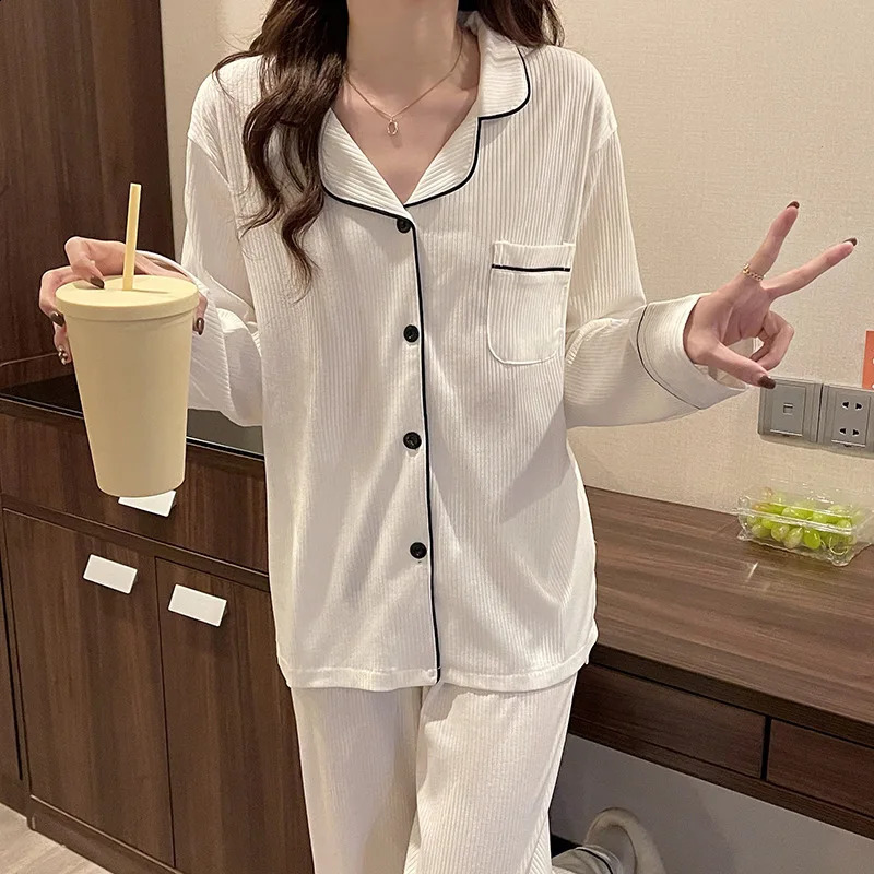 Casual Sleepwear Pyjamas Women Black White Spring Autumn Winter Home Clothes Long Sleeve Female Nightwear Pajamas Set M-3XL 250226bj