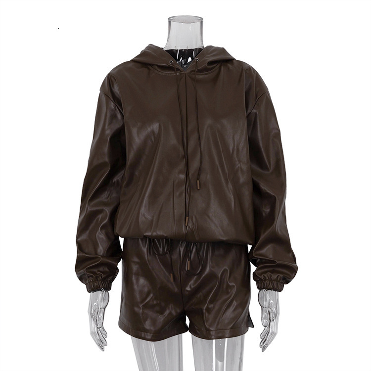 New4 Spring New Fashion Hooded Leather Sweater Shorts Trendy Street Women's Two Piece Set