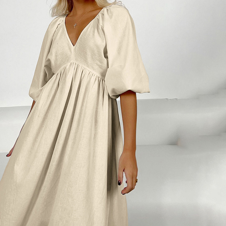 New4 Early Autumn Fashion New Cotton Solid Color Long Skirt V-Neck Five Quarter Sleeve Hollow Out Backless Casual Dress