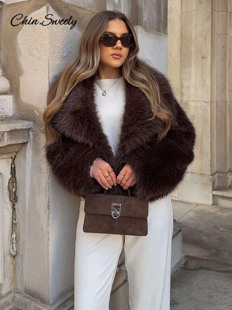 Brown Lapel Faux Fur Short Coat Women Fluffy Long Sleeve Warm Thick Loose Jacket 2024 Autumn Winter Lady High Street Outwear