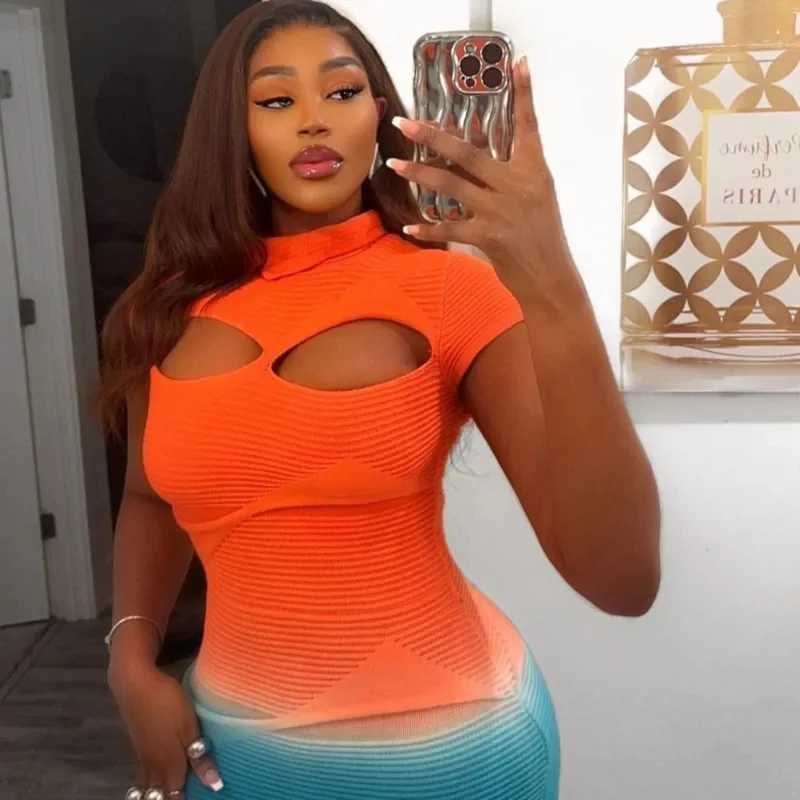 Basic Casual Dresses Sexy Knitted Gradient Orange Blue Hollow Out Maxi Dress Women Fashion Short Sleeve Skinny Stretch Tassel Y2K Birthday Long Dress 