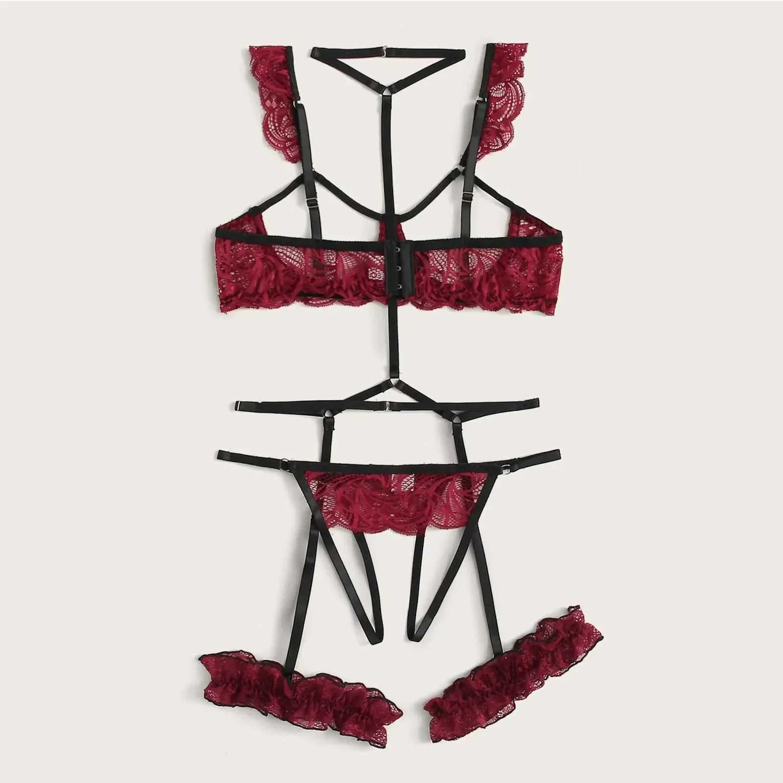 Sexy lace Crotch lingerie set suspender neck hollow bra lingerie bandage pajamas steel ring suspender lingerie set sexyXJ250301