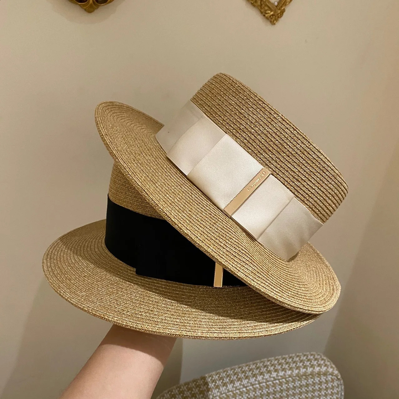 Classic Fashion Flat Straw Hat For Women UV Protection Sun Hat Vacation Ladies Beach Hats Spring Summer Elegant Top Hat Bowknot 250227