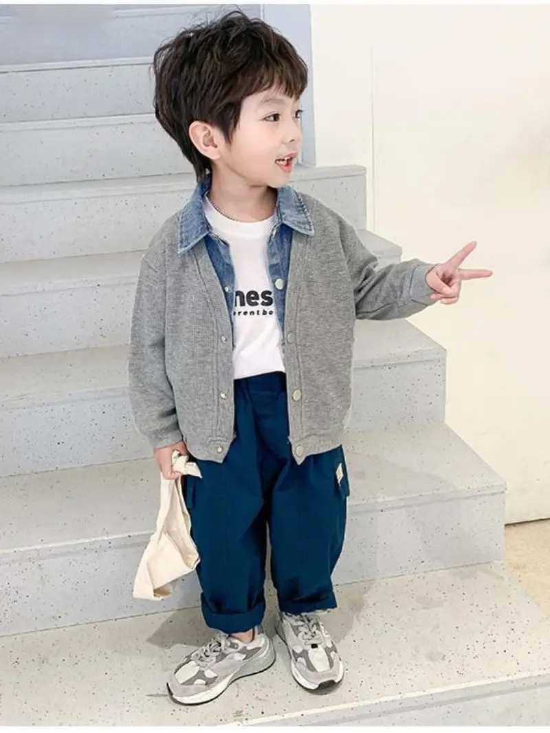 Ddmyshoesvip Children S Clothing For Boy Coat Spring Autumn Jacket Denim Collar Patchwork Top Fake Two Shirts Kids Outerwear