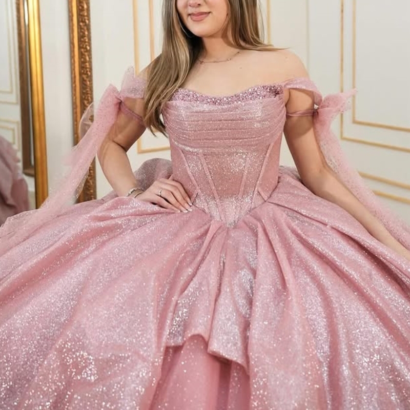 Pink Shiny Quinceanera Dresses Ball Gown Off Shoulder Bow Beads Tull Corset Sweet 16 Dress Vestidos 15 De Anos