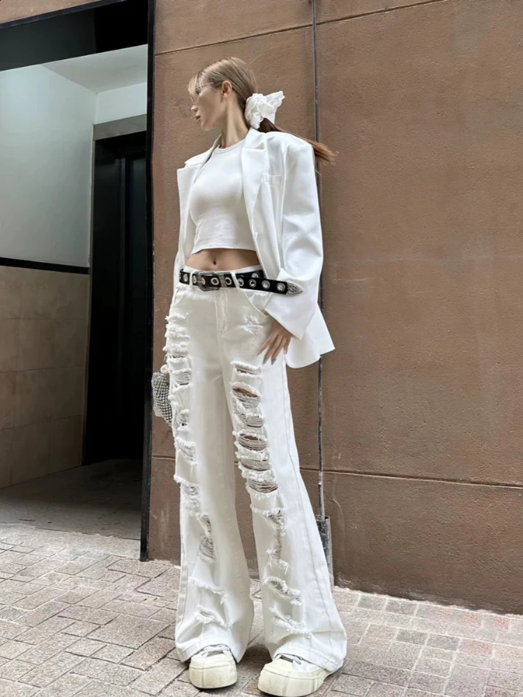ADAgirl White Ripped Baggy Jeans Women Hole Wide Leg Straight Denim Pants Hip Hop Summer Slouchy Trousers Loose Causal Korean 250225