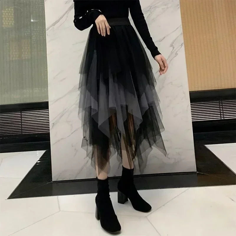 Fashion Summer Tutu Women Skirt Harajuku Tulle Bottom Faldas Casual High Waist Midi Mesh Skirts Woman Clothes Saia Jupe Femme 250224