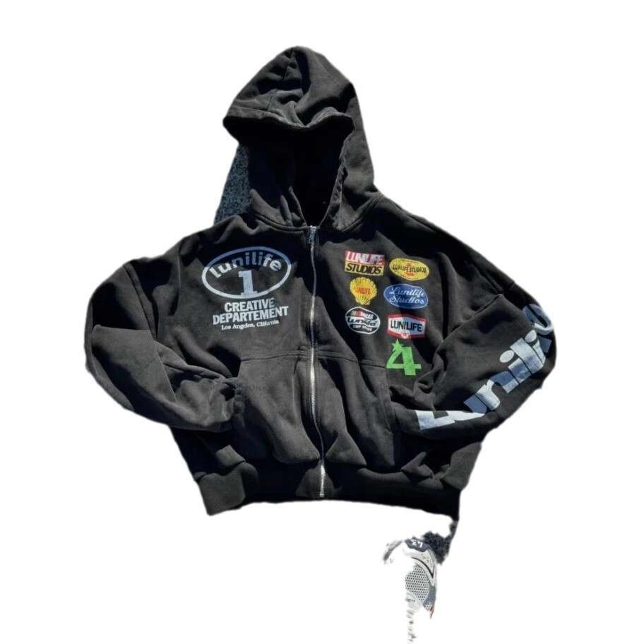 Fashion High Street unisex hooded cardigan sweatshirt, trendy printed letter top gift for man