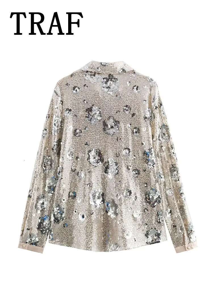 TRAF Ral Sequins Embellished Shirt Casual Elegant Loose 2024 New Fashion Women Shirts Blouses Top