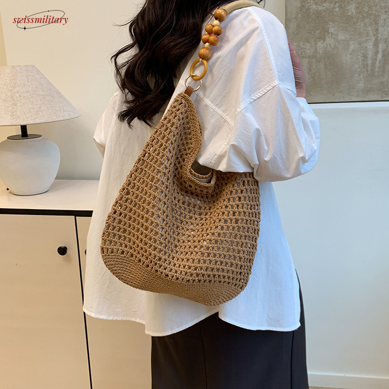 New Chinese woven for women in summer 2025, one shoulder vacation beach bag, artistic hollow tote bag #swissmilitary