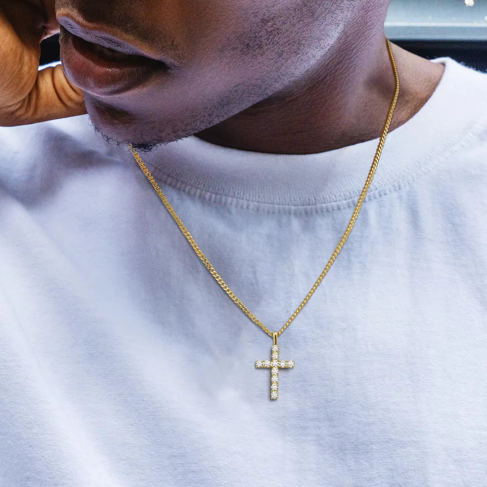 Mossanite Charm Catholicism Jewelry Gifts Women Men Gold Plated 925 Sterling Silver Chain VVS Moissanite Cross Pendant Necklace
