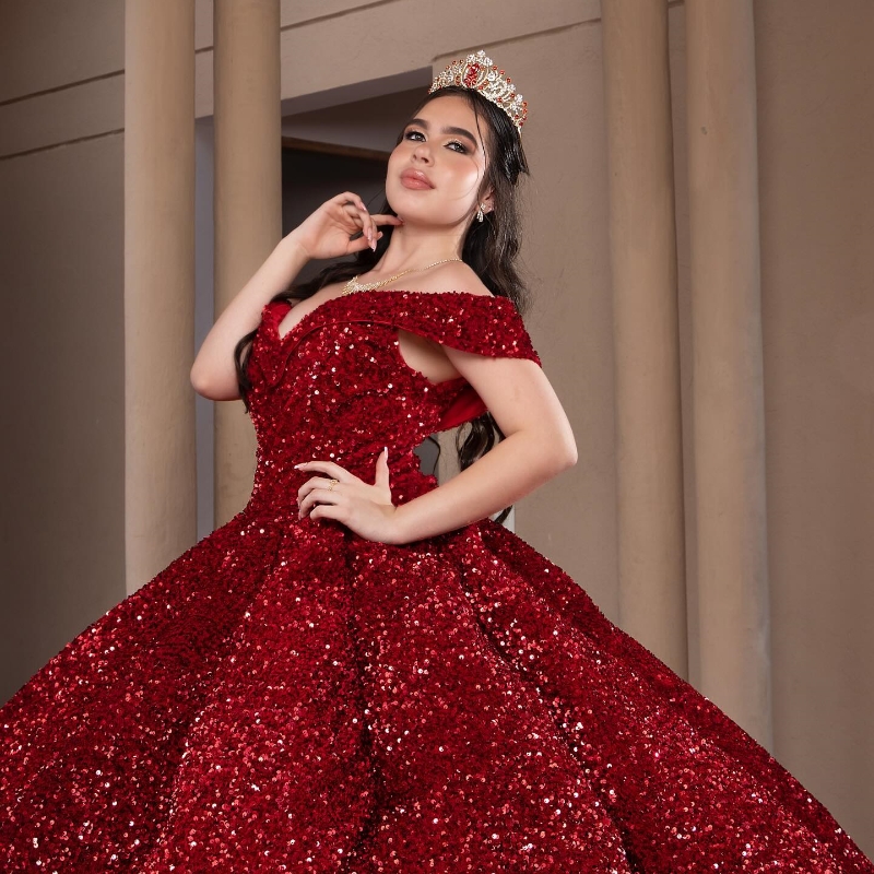 Red Quinceanera Dresses Ball Gown Off The Shoulder Sequined Party Birthday Sweet 16 Dress Vestidos 15 De Anos