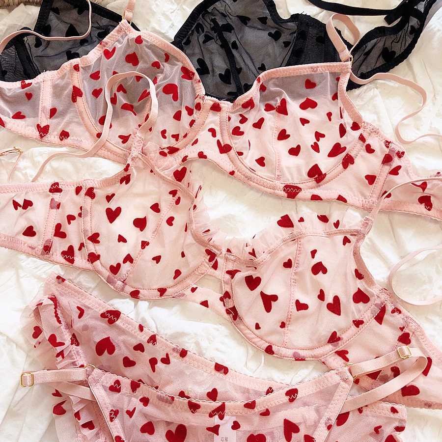 New Lingerie Thongs Set Sexy Ultra Thin Transparent Bra Women Underwire Push Up Bra Set Summer Romantic Peach Heart UnderwearXJ250301